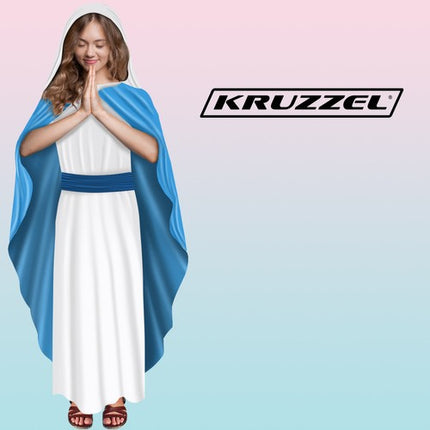 Kruzzel Maria Kostuum - 3-Delig - Jurk met Blauwe Mantel & Sluier - Wit/Blauw