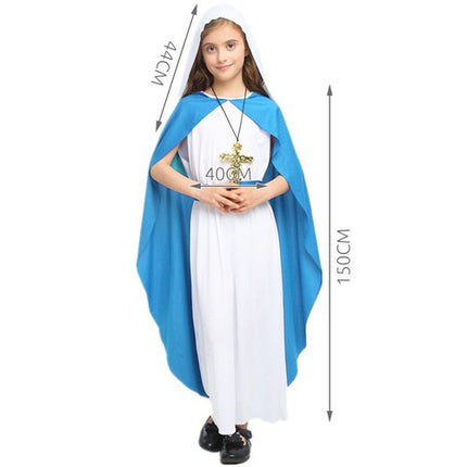 Kruzzel Maria Kostuum - 3-Delig - Jurk met Blauwe Mantel & Sluier - Wit/Blauw