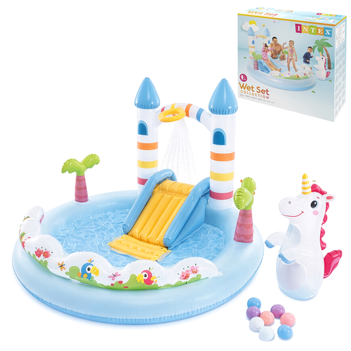 Intex Unicorn Kasteel Speelparadijs - 196 x 178 cm - Met Glijbaan & Sproeier