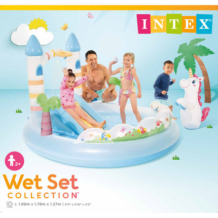 Intex Unicorn Kasteel Speelparadijs - 196 x 178 cm - Met Glijbaan & Sproeier