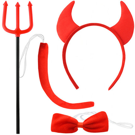 Kruzzel Duivel Kostuumset - 4-Delig - Hoorns, Staart, Strik & Vork - Rood