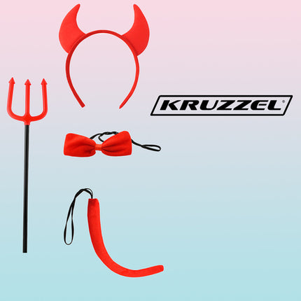 Kruzzel Duivel Kostuumset - 4-Delig - Hoorns, Staart, Strik & Vork - Rood