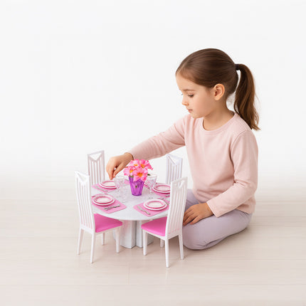 Iso Trade Poppenmeubels Eetkamer Set - 43-Delig - Roze/Wit