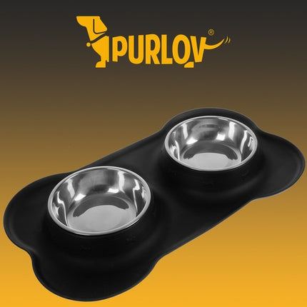 Purlov Dubbele Voerbak - 2 x 450 ml - RVS met Siliconen Antisliphouder