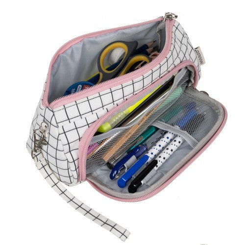 Maaleo Dubbel Etui - Uitbreidbaar - 2 Vakken - Wit Ruitpatroon