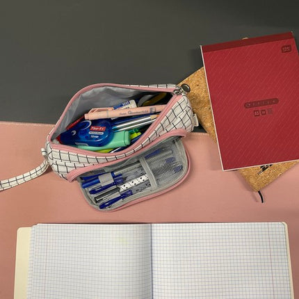 Maaleo Dubbel Etui - Uitbreidbaar - 2 Vakken - Wit Ruitpatroon