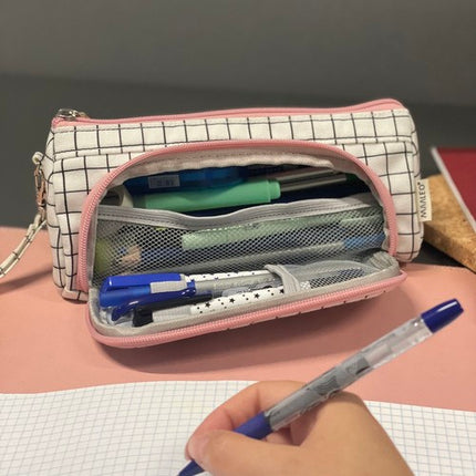 Maaleo Dubbel Etui - Uitbreidbaar - 2 Vakken - Wit Ruitpatroon