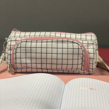 Maaleo Dubbel Etui - Uitbreidbaar - 2 Vakken - Wit Ruitpatroon