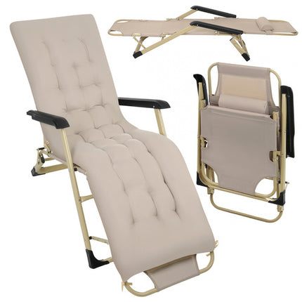 Trizand Opvouwbare Tuinligstoel - 60 x 177 x 30 cm - Beige - Inclusief Kussen