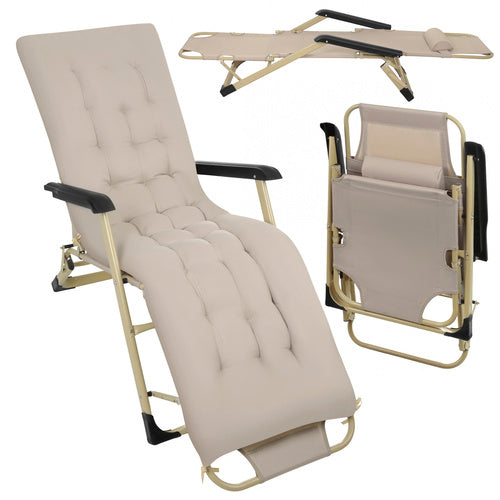 Trizand Opvouwbare Tuinligstoel - 60 x 177 x 30 cm - Beige - Inclusief Kussen