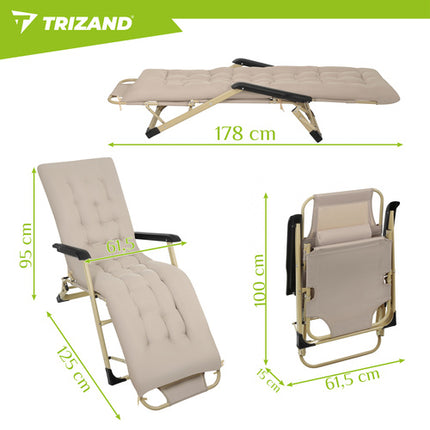 Trizand Opvouwbare Tuinligstoel - 60 x 177 x 30 cm - Beige - Inclusief Kussen
