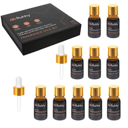 Ruhhy Geurolie Set - 10 x 10 ml - Met Diffuserdruppelaars - Luxe Geschenkset