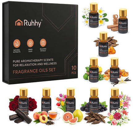 Ruhhy Geurolie Set - 10 x 10 ml - Met Diffuserdruppelaars - Luxe Geschenkset