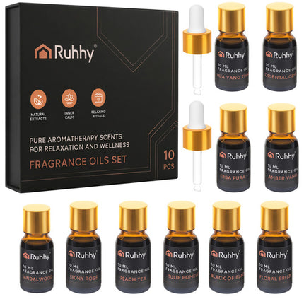 Ruhhy Geurolie Set - 10 x 10 ml - Met Diffuserdruppelaars - Luxe Geschenkset