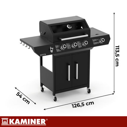 Kaminer Varen Black 4.0 Gasgrill - 3+1 Branders - 13.5kW - Gietijzer