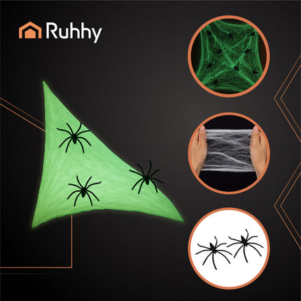 Ruhhy Glow-in-the-Dark Spinnenweb - Halloween Decoratie - 20 Spinnen