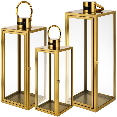 Ruhhy Gouden Lantaarn Set - 3-delig - 38, 49 & 63 cm - Glas & RVS