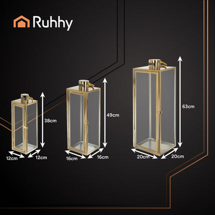 Ruhhy Gouden Lantaarn Set - 3-delig - 38, 49 & 63 cm - Glas & RVS