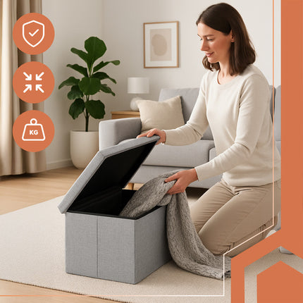 Ruhhy Opvouwbare Poef - 60 x 30 x 30 cm - 54 Liter - Grijs - Met Opbergruimte