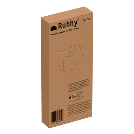 Ruhhy Opvouwbare Poef - 60 x 30 x 30 cm - 54 Liter - Grijs - Met Opbergruimte