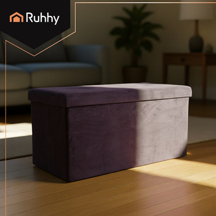 Ruhhy Velours Poef - 76 x 38 x 38 cm - 110 Liter - Grijs - Met Opbergruimte