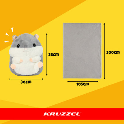 Kruzzel 3-in-1 Hamster - Knuffel, Kussen en Deken - 105 x 200 cm - Grijs/Wit