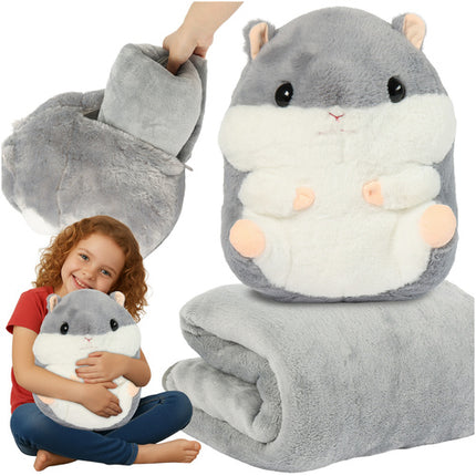 Kruzzel 3-in-1 Hamster - Knuffel, Kussen en Deken - 105 x 200 cm - Grijs/Wit