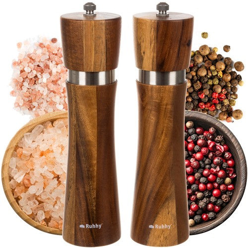 Ruhhy 24650 Peper- en Zoutmolen Set - Acaciahout - Keramisch Maalwerk - 2 Stuks - Bruin