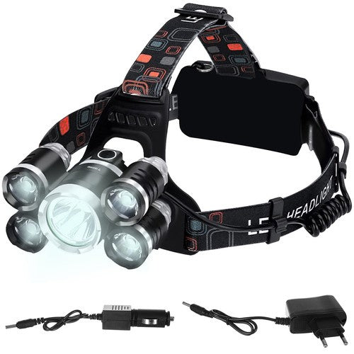 5x LED CREE T6 Hoofdlamp – Oplaadbaar – Met Autolader – Aluminium – Zwart