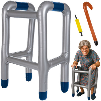 Ruhhy Opblaasbare Rollator met Wandelstok - Feestartikelen - Senior Kostuum