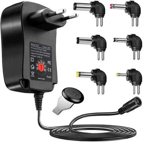 Universele Adapter AC-stroomadapter met USB Poort - 3V / 4.5V / 5V / 6V / 7.5V / 9V / 12V - 6 plugs