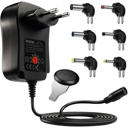 Izoxis Universele Adapter - 30W - 3-12V Regelbaar - 6 Opzetstukken - USB