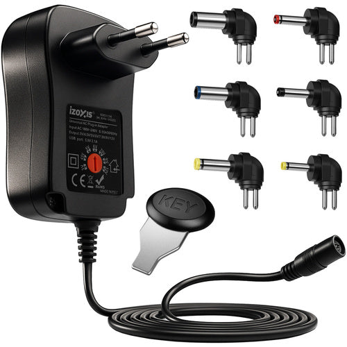 Izoxis Universele Adapter - 30W - 3-12V Regelbaar - 6 Opzetstukken - USB