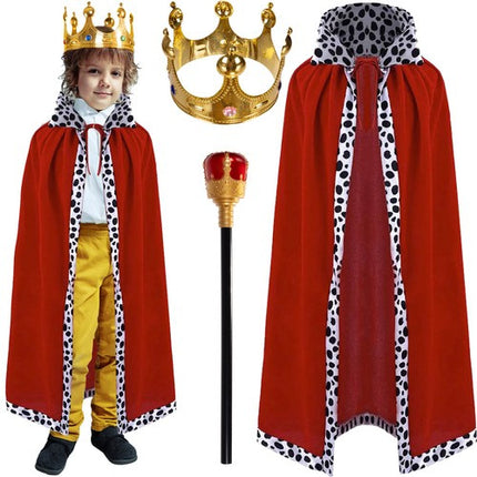 Kruzzel Konings Kostuumset - 3-Delig - Mantel, Kroon & Scepter - Rood