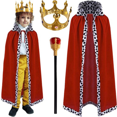 Kruzzel Konings Kostuumset - 3-Delig - Mantel, Kroon & Scepter - Rood