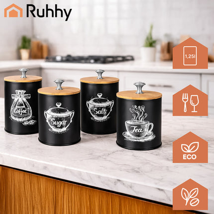 Ruhhy 24578 Voorraadpotten Set - 4 Stuks - 1,5 Liter - Zwart / Bamboe