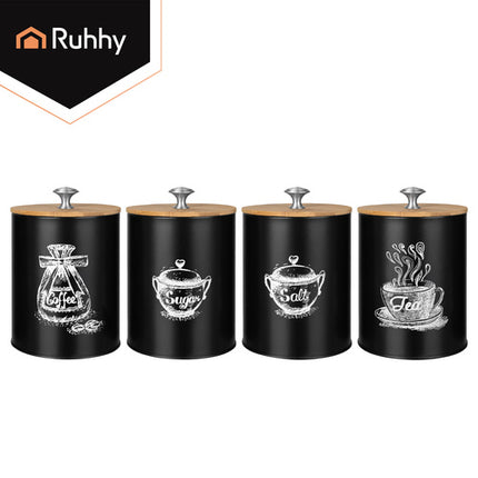 Ruhhy 24578 Voorraadpotten Set - 4 Stuks - 1,5 Liter - Zwart / Bamboe
