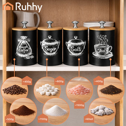 Ruhhy 24578 Voorraadpotten Set - 4 Stuks - 1,5 Liter - Zwart / Bamboe