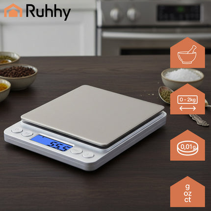 Ruhhy 26507 Precisie Keukenweegschaal - 2 kg / 0,1 g - Met 2 Bakjes - LCD