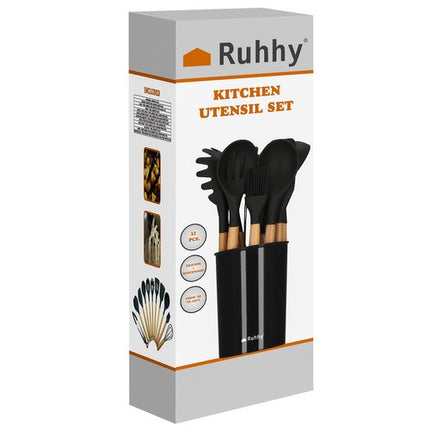 Ruhhy 21804 Siliconen Keukengerei Set - 12-Delig - Hout & Zwart