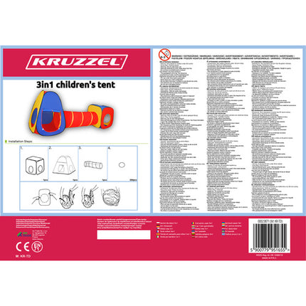 Kruzzel 3-in-1 Kindertent - Tipi, Tunnel en Speelhuis - 288 x 94 x 70 cm - Multicolour