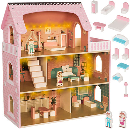 Kruzzel Groot Houten Poppenhuis - 3 Etages - Inclusief LED & Meubels