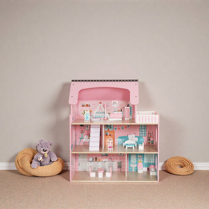 Kruzzel Groot Houten Poppenhuis - 3 Etages - Inclusief LED & Meubels
