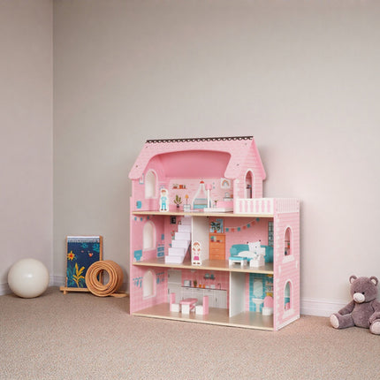 Kruzzel Groot Houten Poppenhuis - 3 Etages - Inclusief LED & Meubels