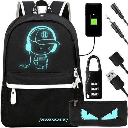 Kruzzel USB Rugzak met LED en Reflectie - 19L - Zwart - Voor School en Werk