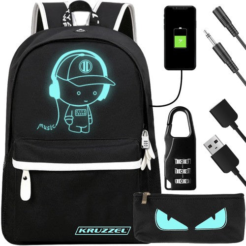 Kruzzel USB Rugzak met LED en Reflectie - 19L - Zwart - Voor School en Werk
