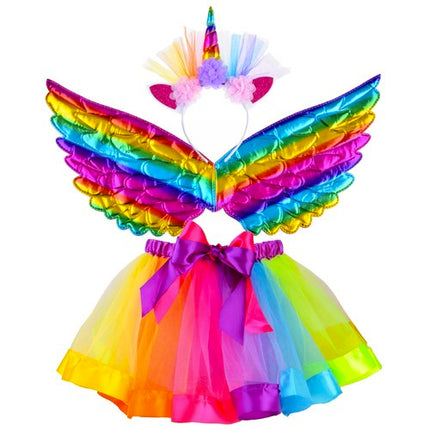 Kruzzel Eenhoorn Kostuumset - 3-Delig - Rokje, Vleugels & Hoofdband - Regenboog