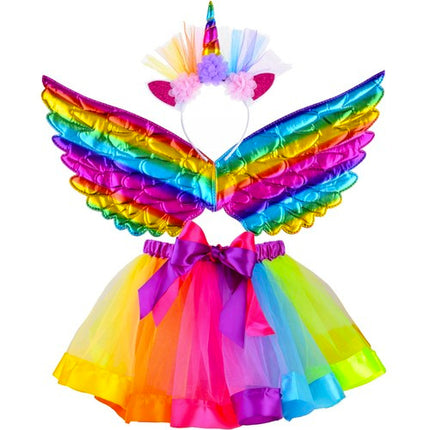 Kruzzel Eenhoorn Kostuumset - 3-Delig - Rokje, Vleugels & Hoofdband - Regenboog