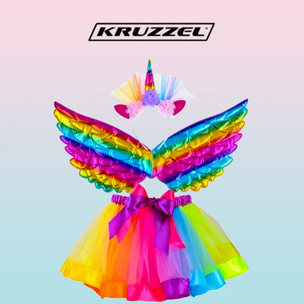 Kruzzel Eenhoorn Kostuumset - 3-Delig - Rokje, Vleugels & Hoofdband - Regenboog