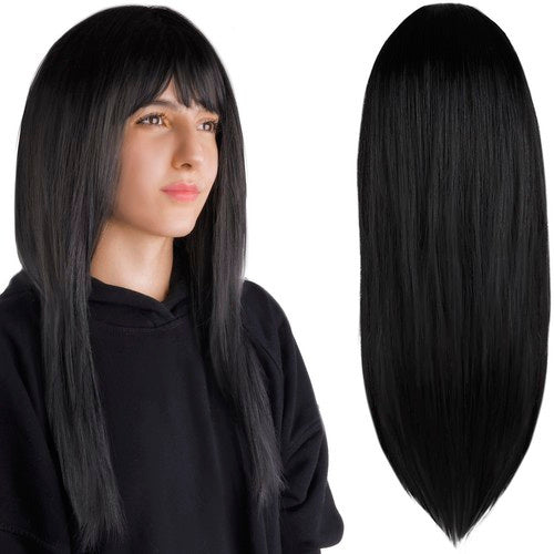 Soulima Lange Damespruik met Pony - 67 cm - Zwart - Synthetisch Haar